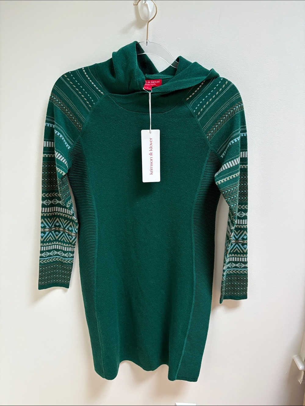 Krimson Klover Forest Green Hooded Knit Dress with Patterned Sleeves